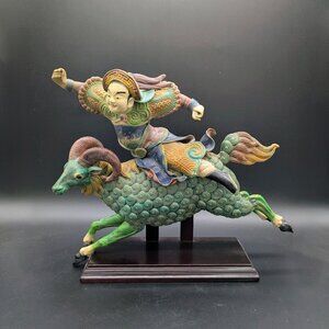 Antique Chinese Polychrome Glazed Imperial Tile: Warrior/Deity Riding a Ram